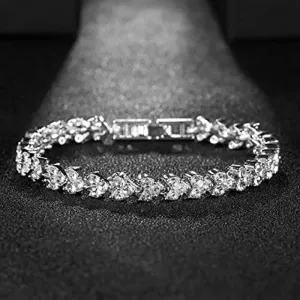 18K White Gold Plated Bracelet, Crystal Heart Silver Tennis Bracelet for Bridal, Wedding, Shiny Bracelet for Women 7 Inch