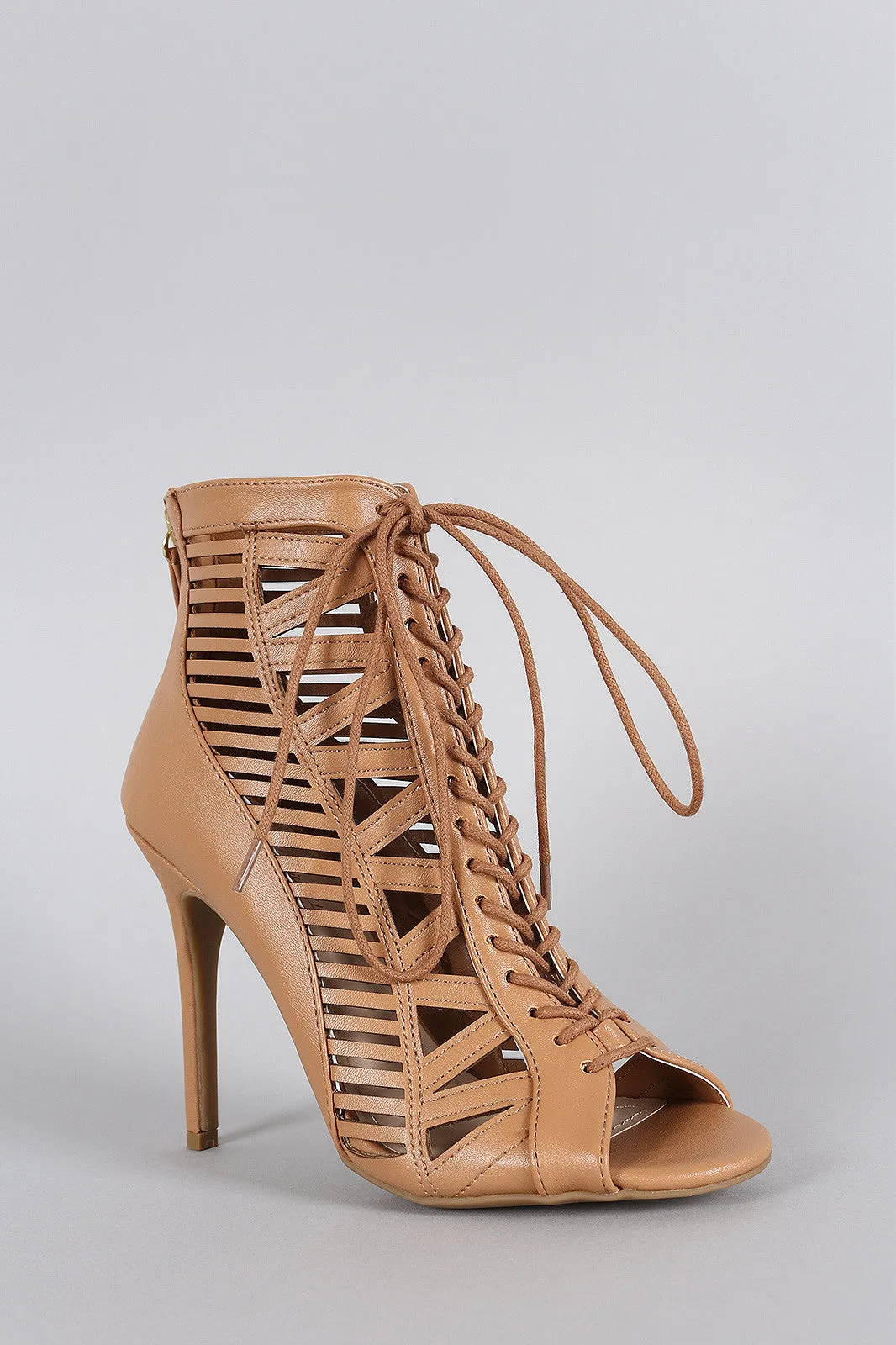 Anne Michelle Caged Lace Up Peep Toe Booties