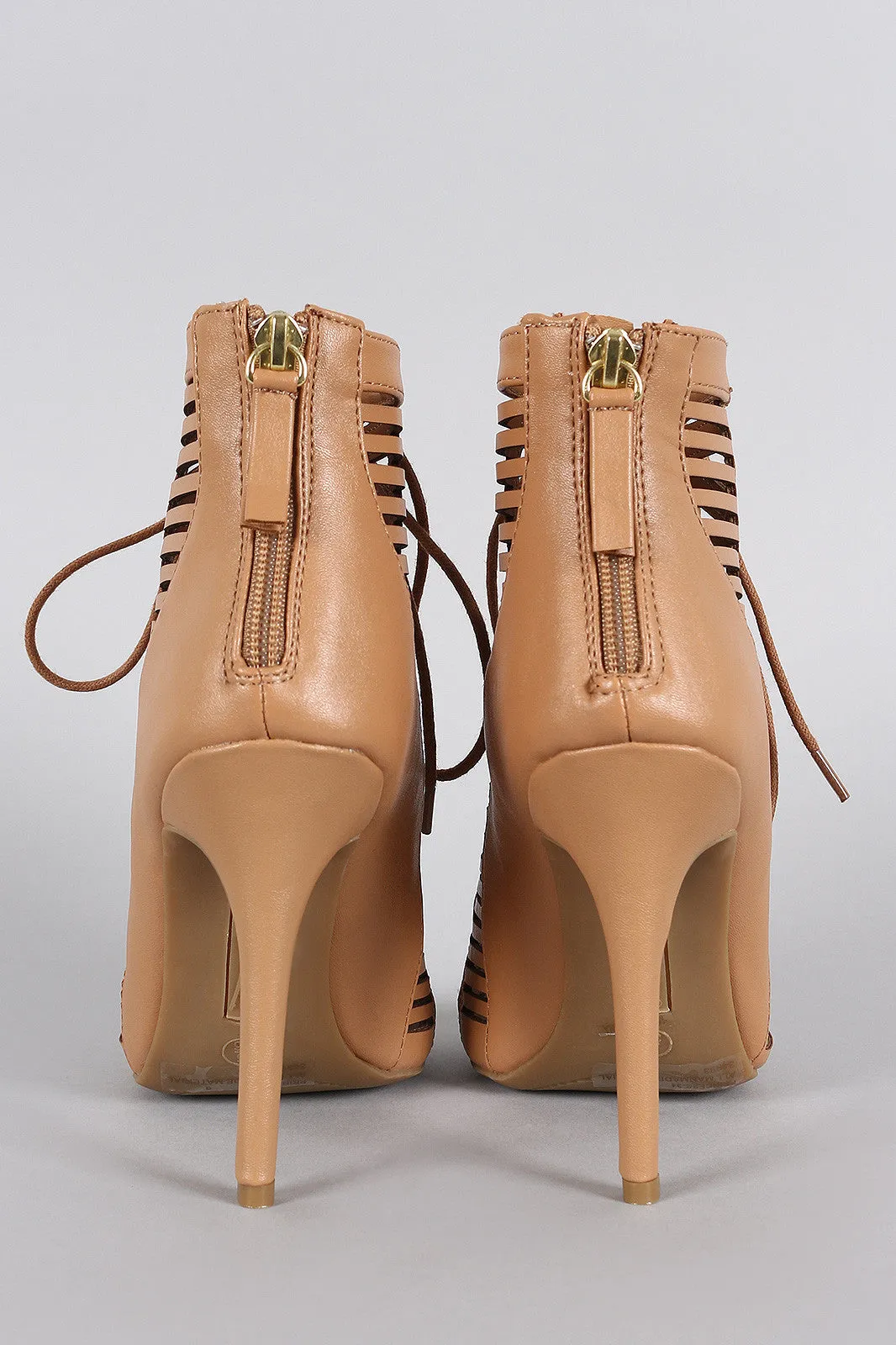 Anne Michelle Caged Lace Up Peep Toe Booties