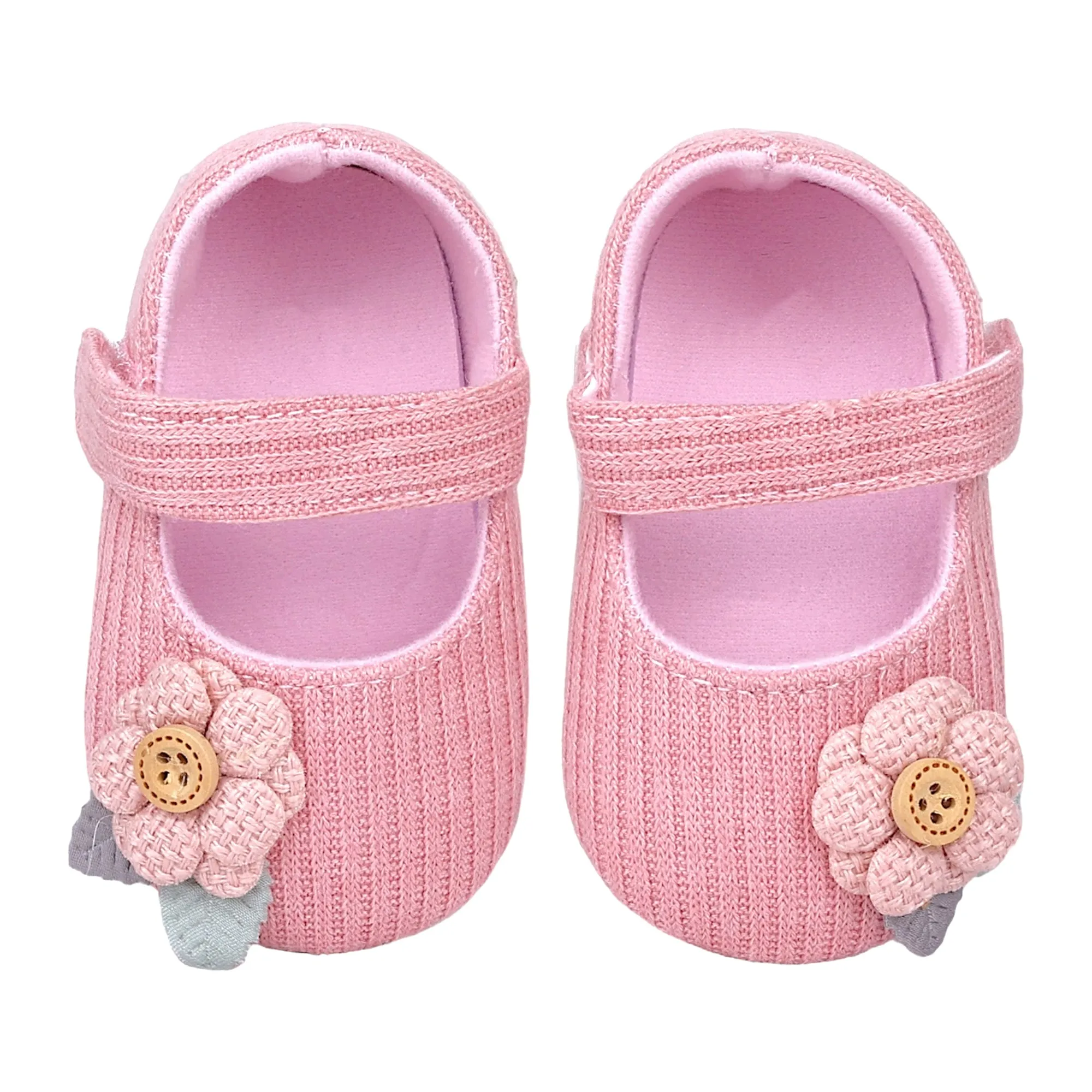 Baby Moo 3D Flower Button Velcro Strap Anti-Skid Ballerina Booties - Pink