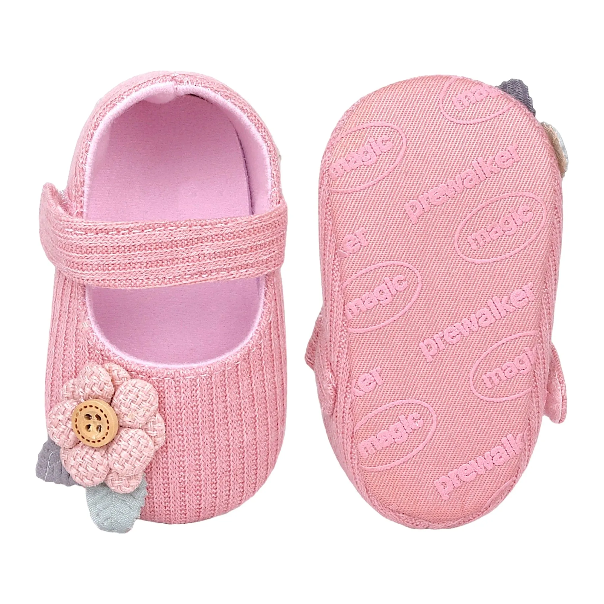 Baby Moo 3D Flower Button Velcro Strap Anti-Skid Ballerina Booties - Pink