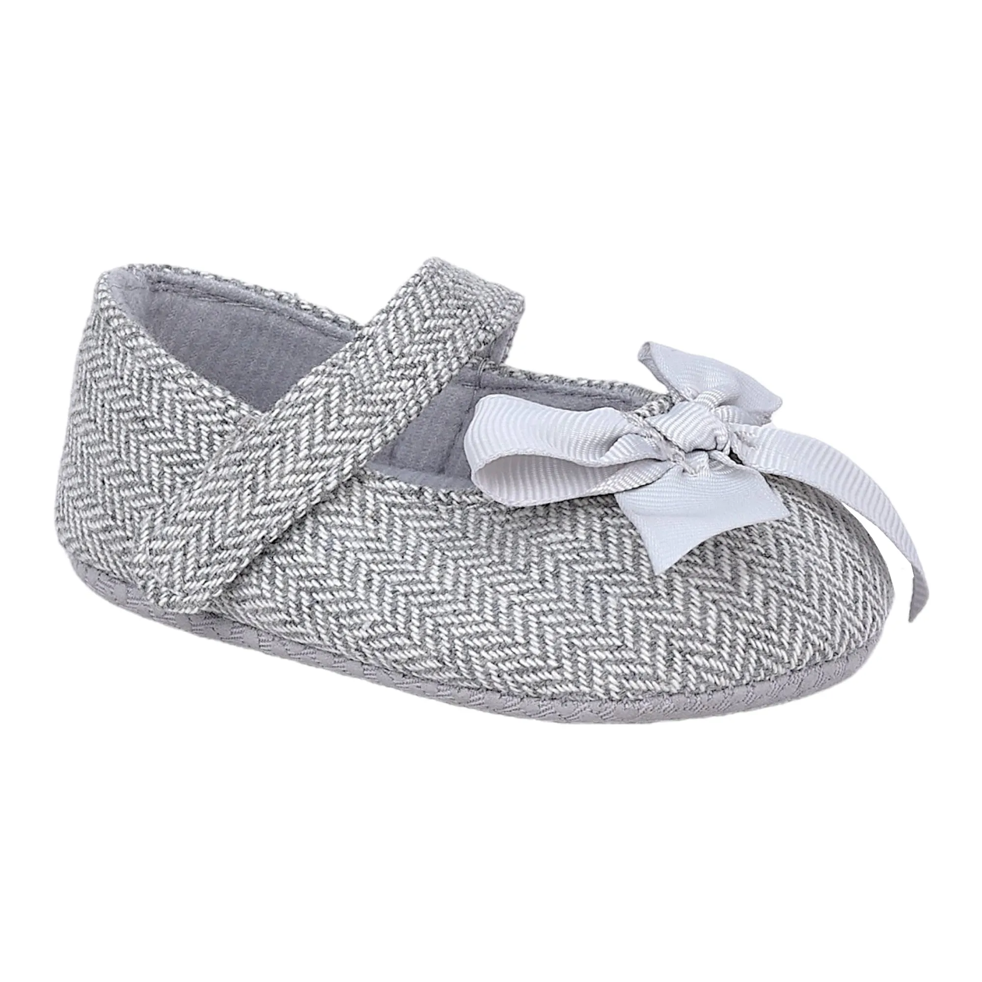 Baby Moo Bow Knot Velcro Strap Anti-Skid Patterned Ballerina Booties - Grey