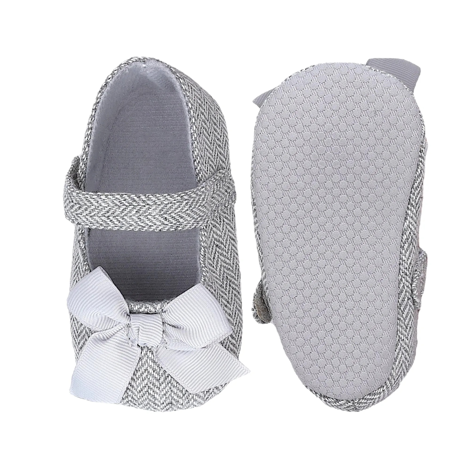 Baby Moo Bow Knot Velcro Strap Anti-Skid Patterned Ballerina Booties - Grey