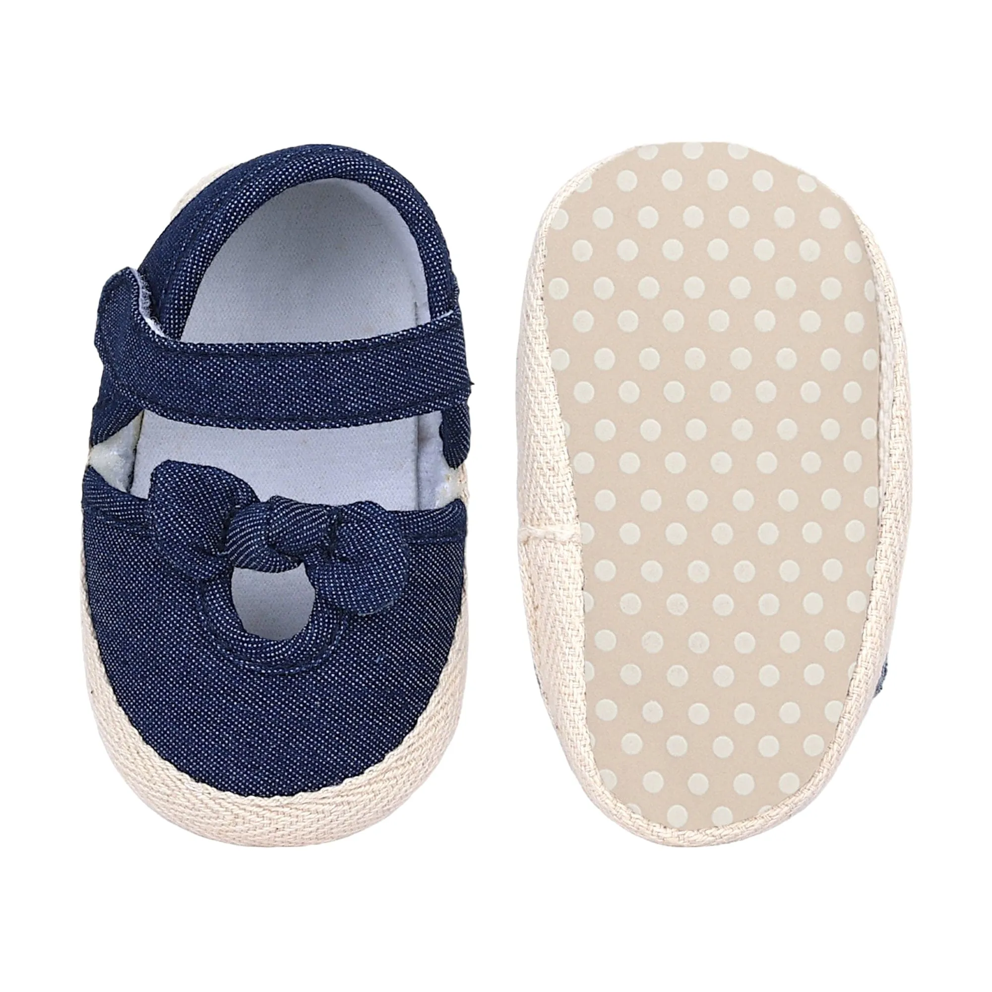 Baby Moo Bow Knot Velcro Strap Denim Ballerina Booties - Blue