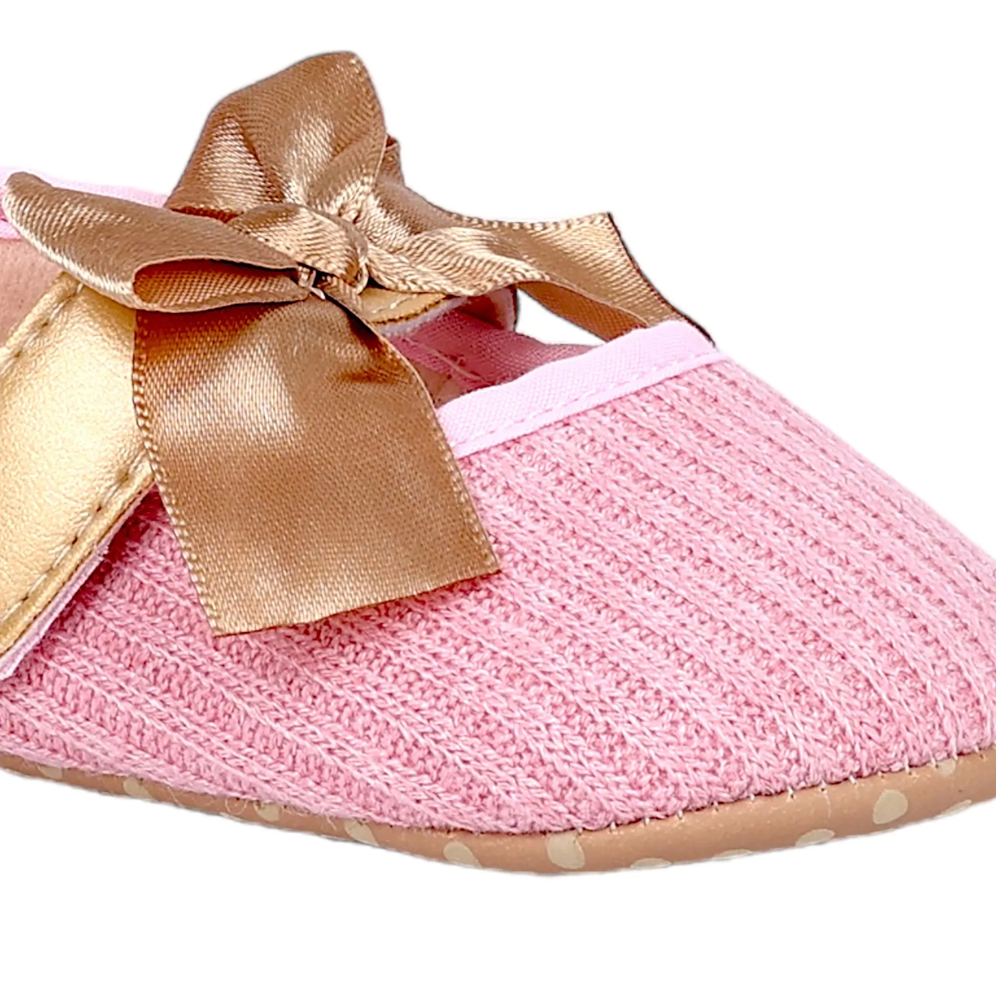 Baby Moo Bow Knot Velcro Strap Ribbed Anti-Skid Ballerina Booties - Pink