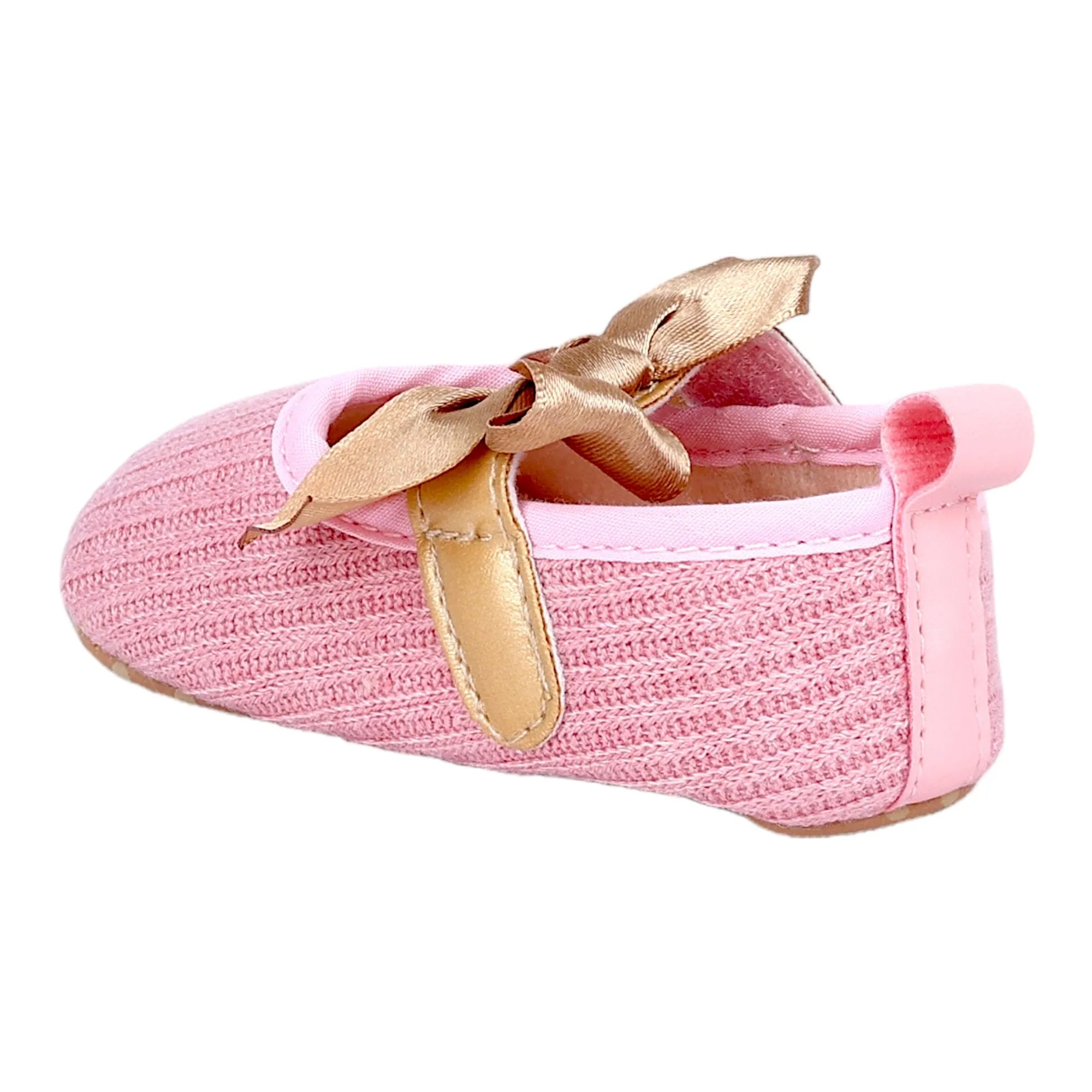 Baby Moo Bow Knot Velcro Strap Ribbed Anti-Skid Ballerina Booties - Pink