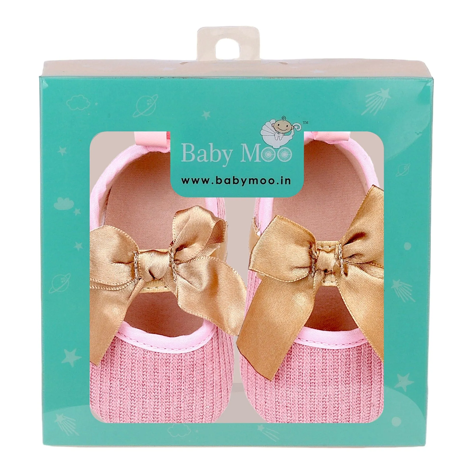 Baby Moo Bow Knot Velcro Strap Ribbed Anti-Skid Ballerina Booties - Pink