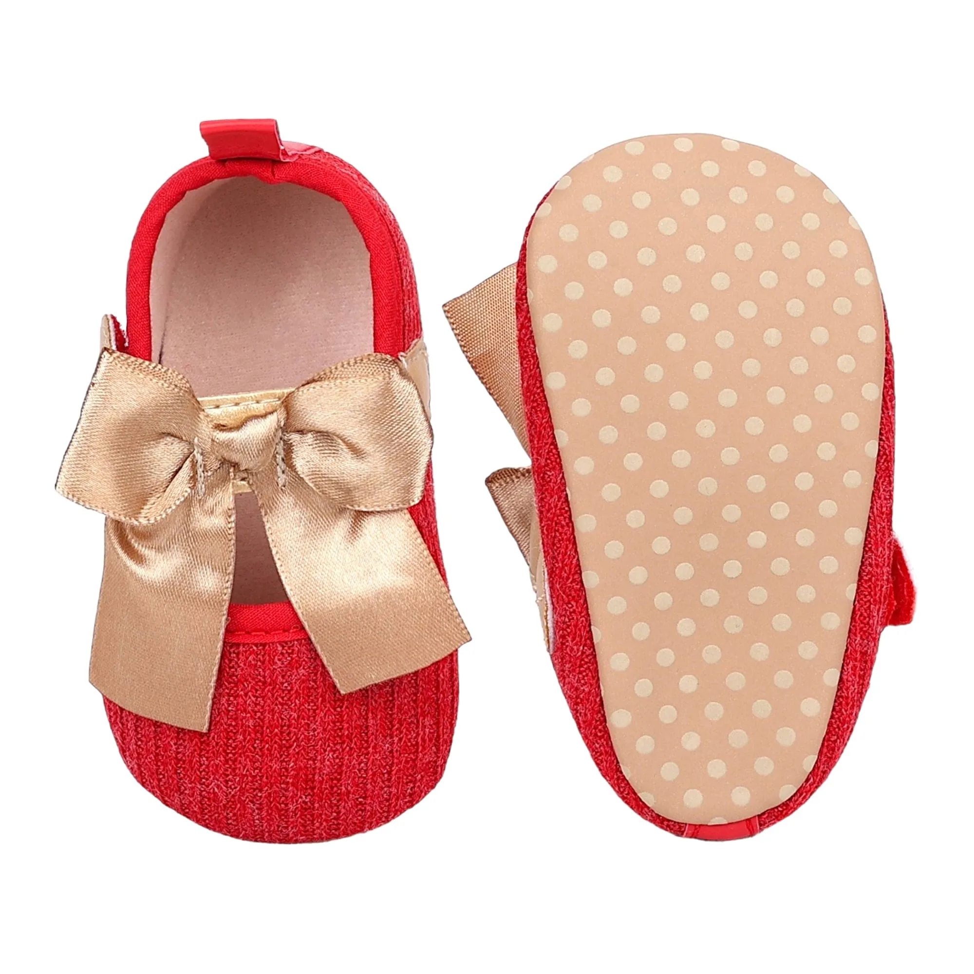 Baby Moo Bow Knot Velcro Strap Ribbed Anti-Skid Ballerina Booties - Red