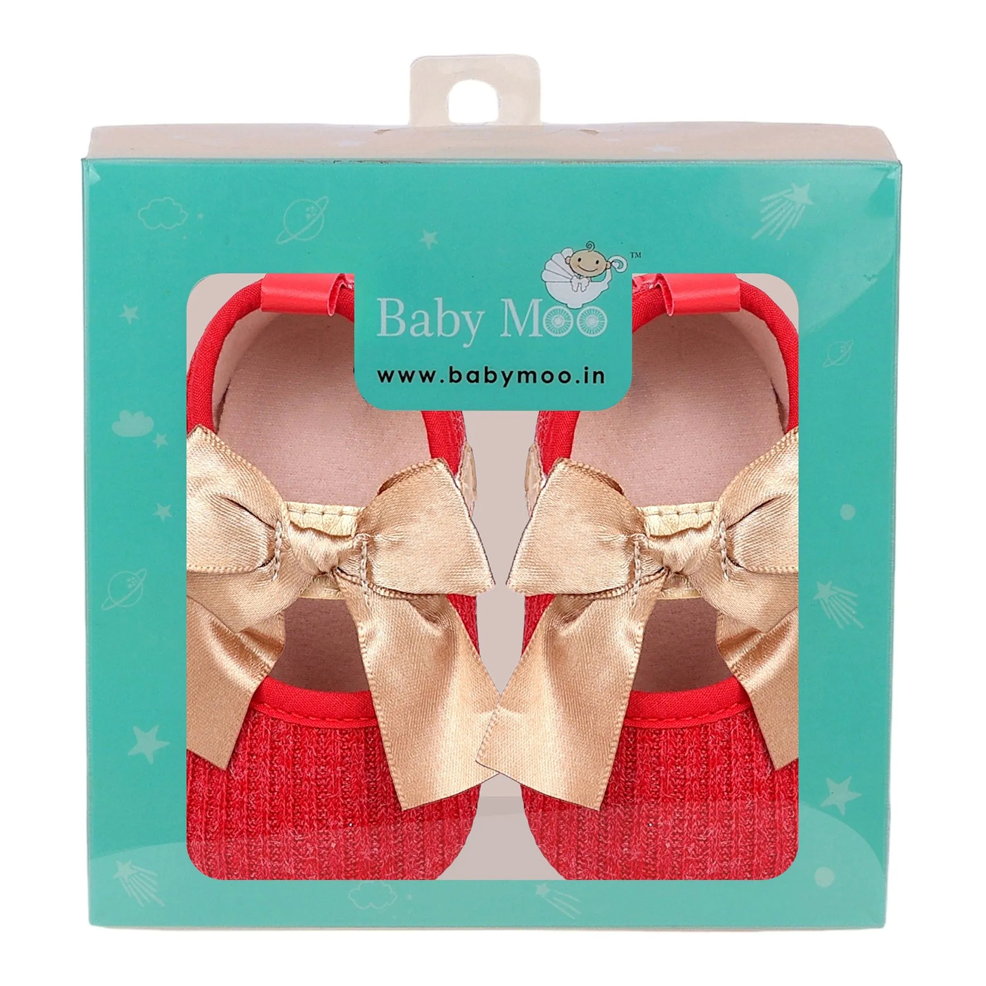 Baby Moo Bow Knot Velcro Strap Ribbed Anti-Skid Ballerina Booties - Red