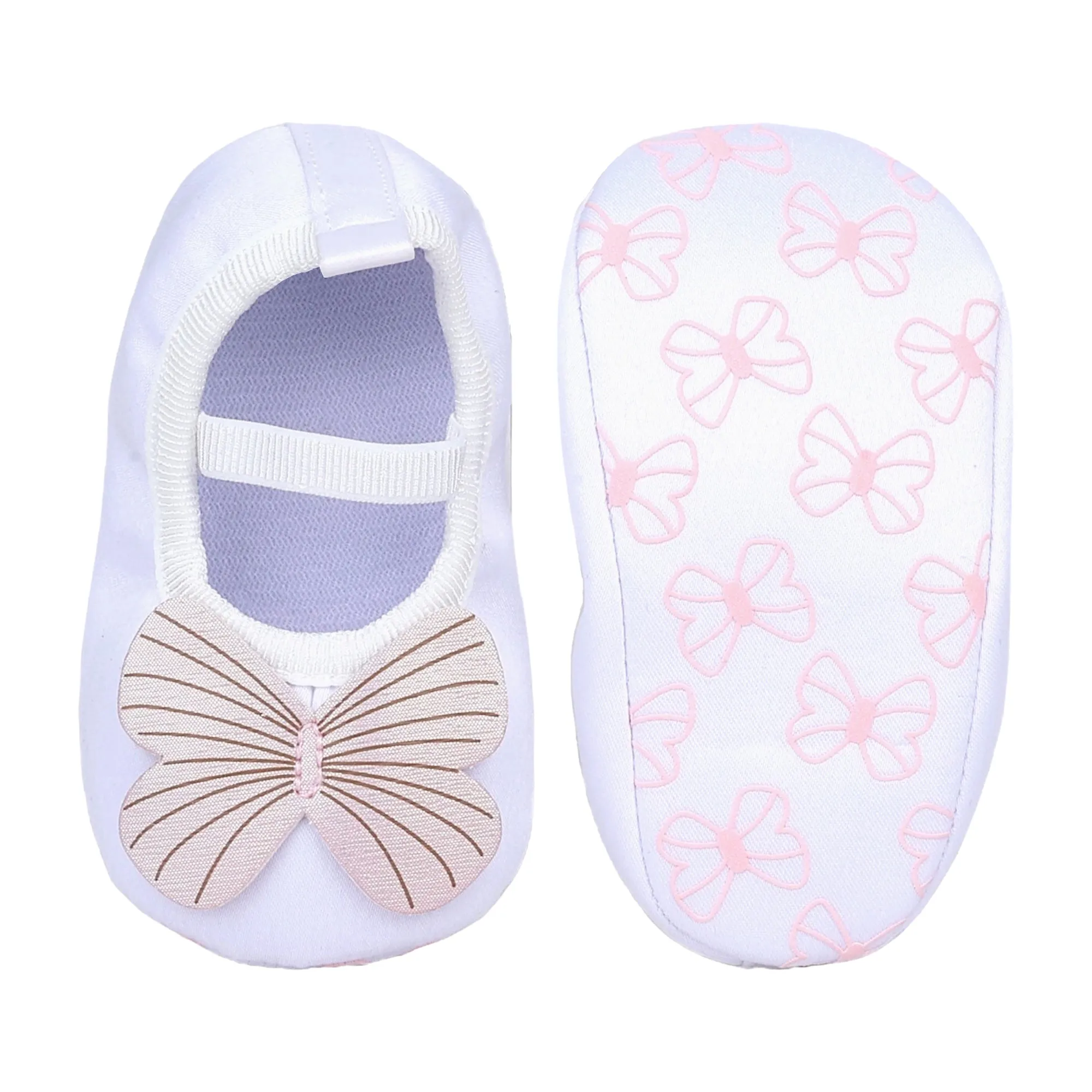 Baby Moo Butterfly Applique Elastic Strap Anti-Skid Ballerina Booties - White