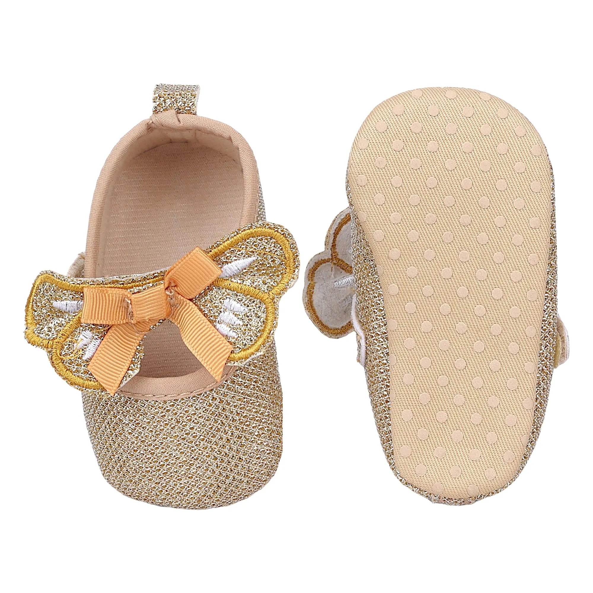 Baby Moo Butterfly Bow Shiny Party Anti-Skid Ballerina Booties - Gold