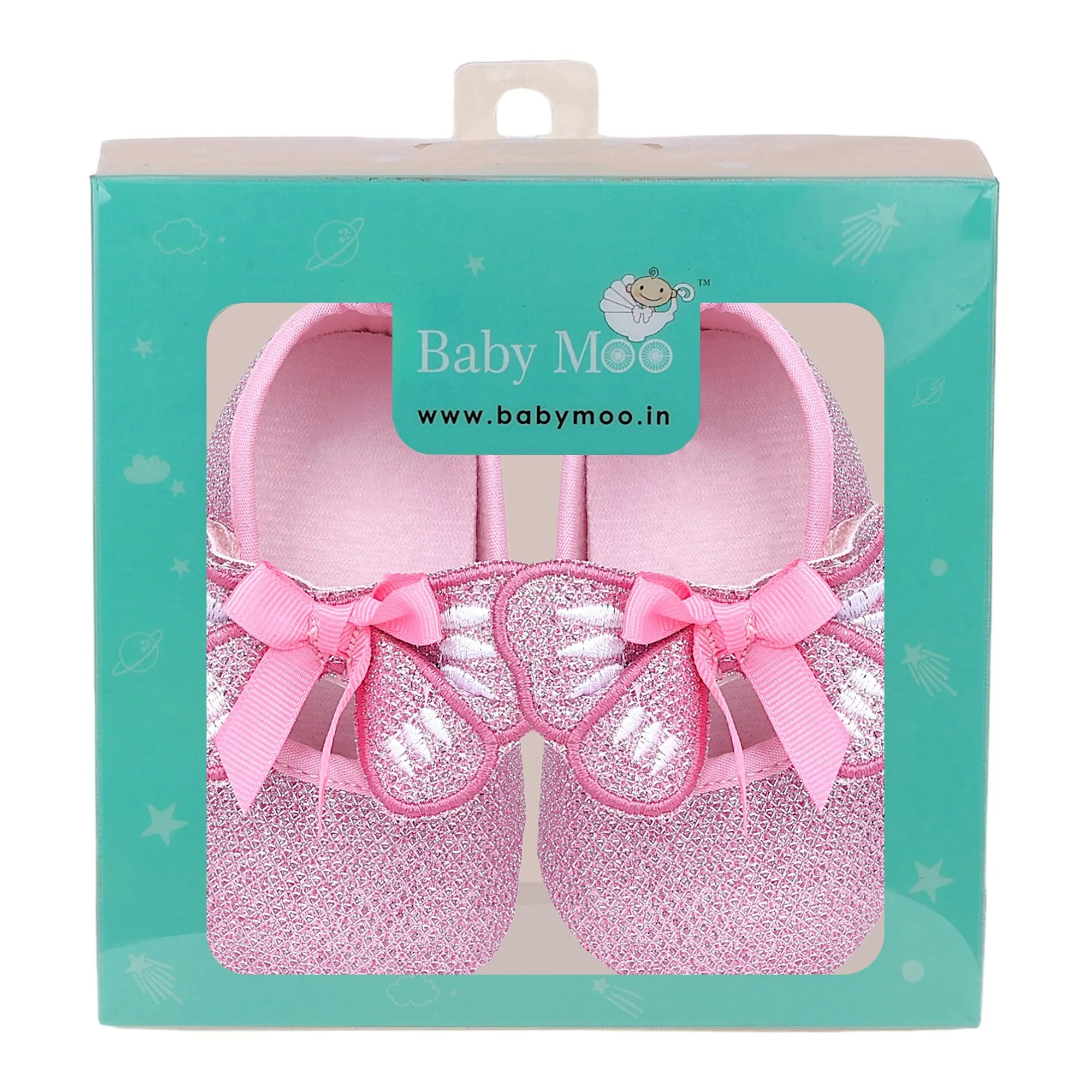 Baby Moo Butterfly Bow Shiny Party Anti-Skid Ballerina Booties - Pink