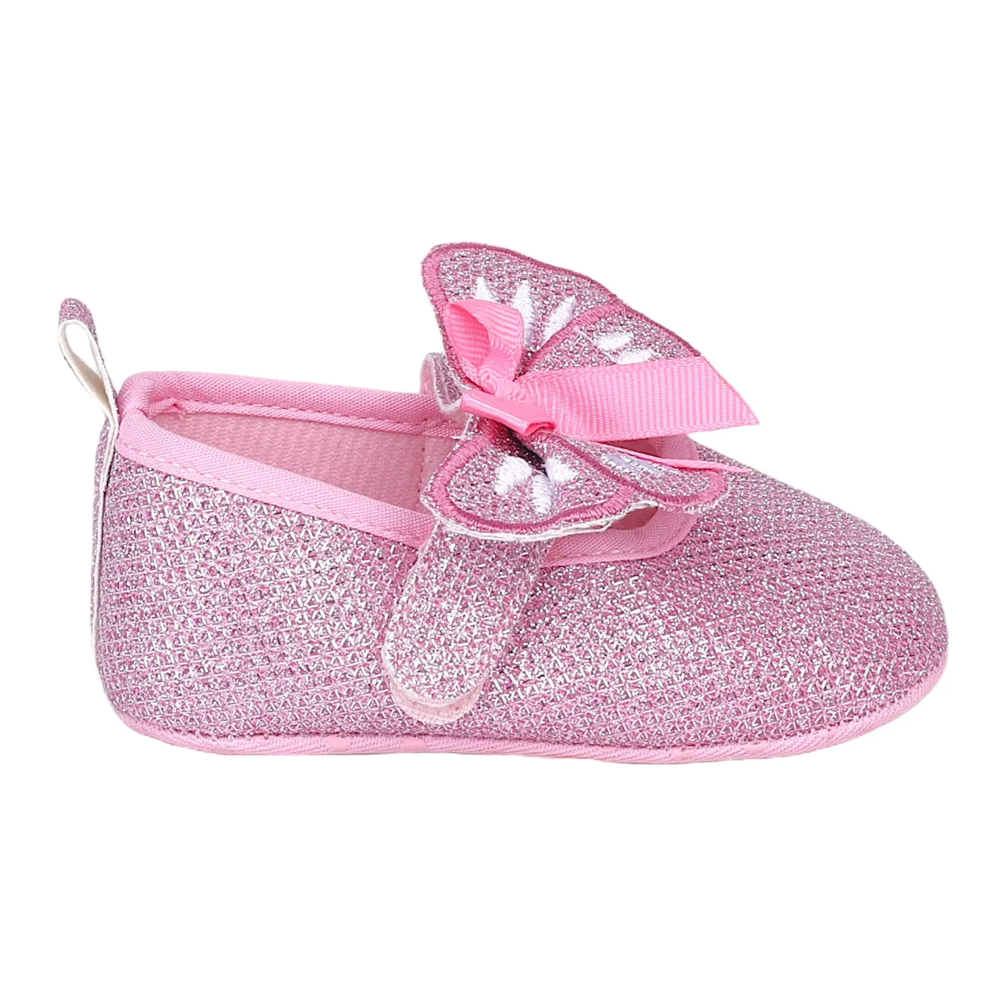 Baby Moo Butterfly Bow Shiny Party Anti-Skid Ballerina Booties - Pink