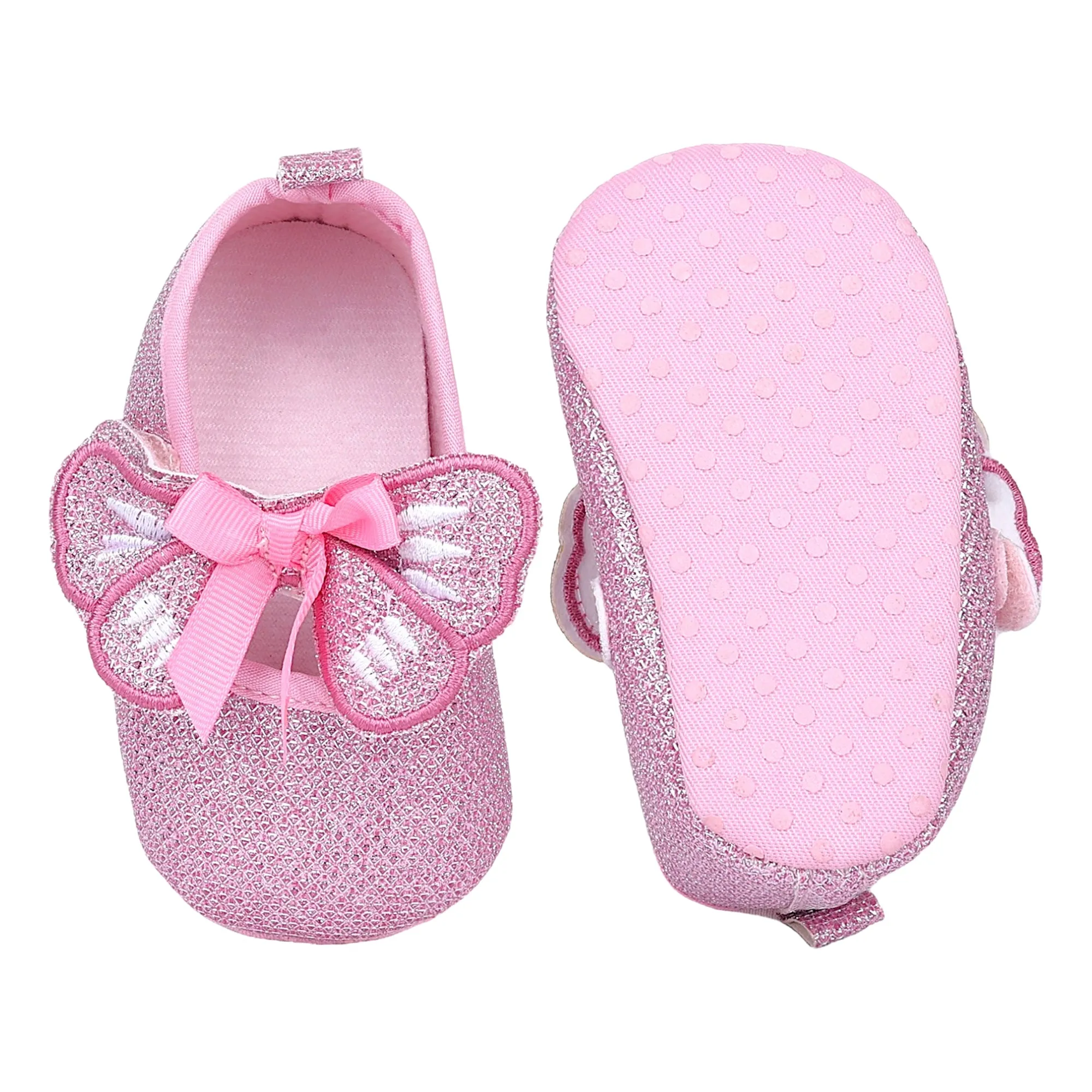 Baby Moo Butterfly Bow Shiny Party Anti-Skid Ballerina Booties - Pink