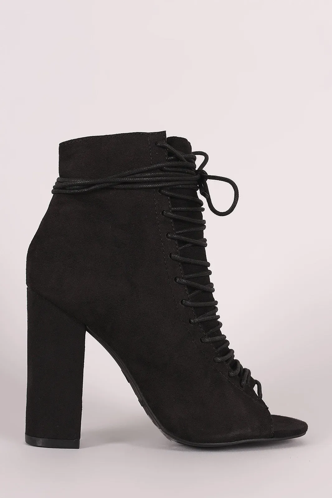 Bae - Suede Lace-Up Ankle Tie Chunky Heeled Booties