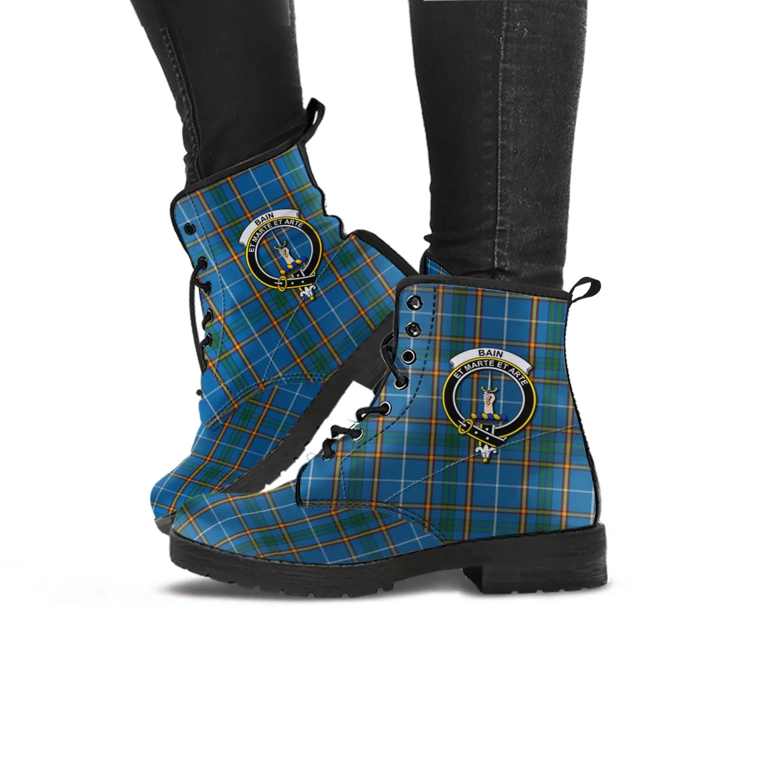 Bain Tartan Leather Boots with Family Crest