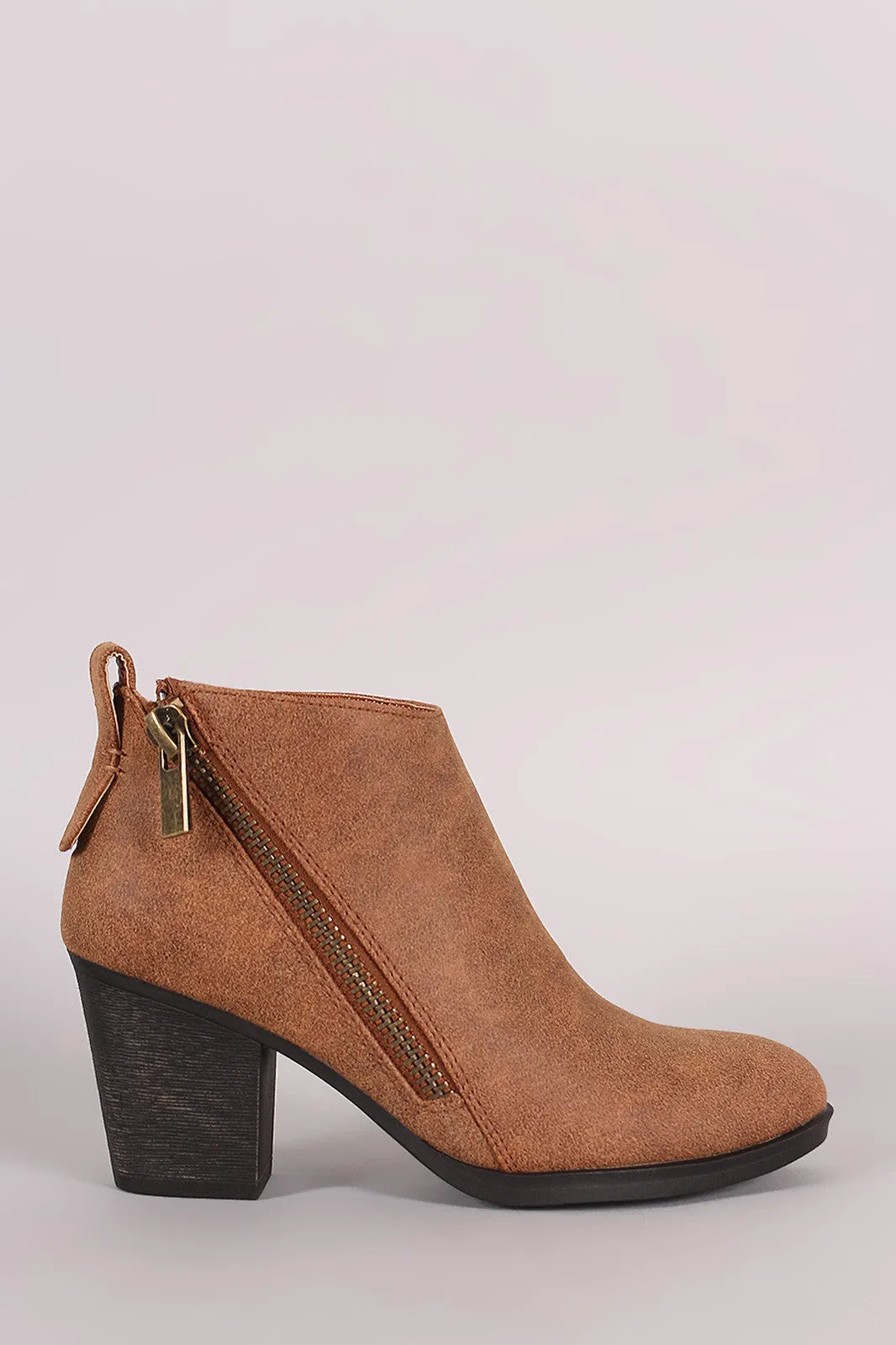 Bamboo Nubuck Diagonal Zipper Chunky Heeled Cowgirl Booties