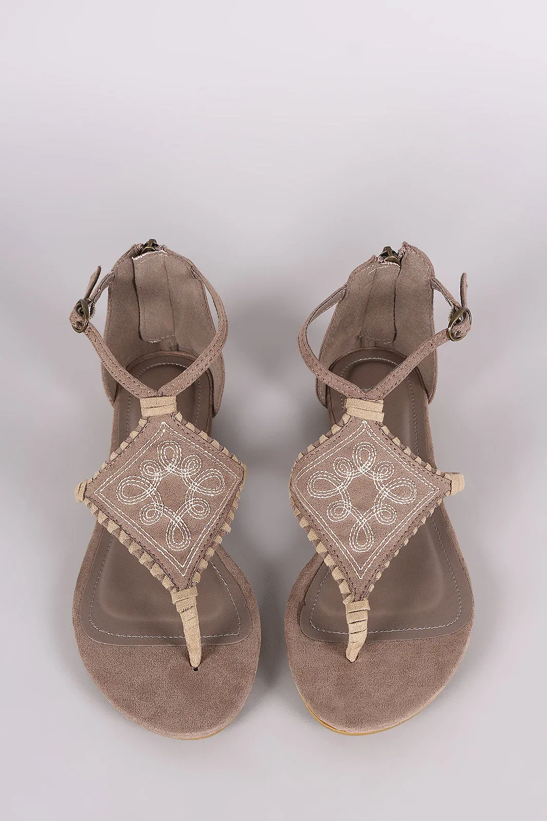 Bamboo Suede Embroidery And Whipstitch Thong Flat Sandal