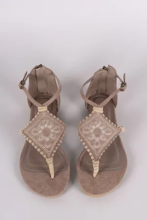 Bamboo Suede Embroidery And Whipstitch Thong Flat Sandal