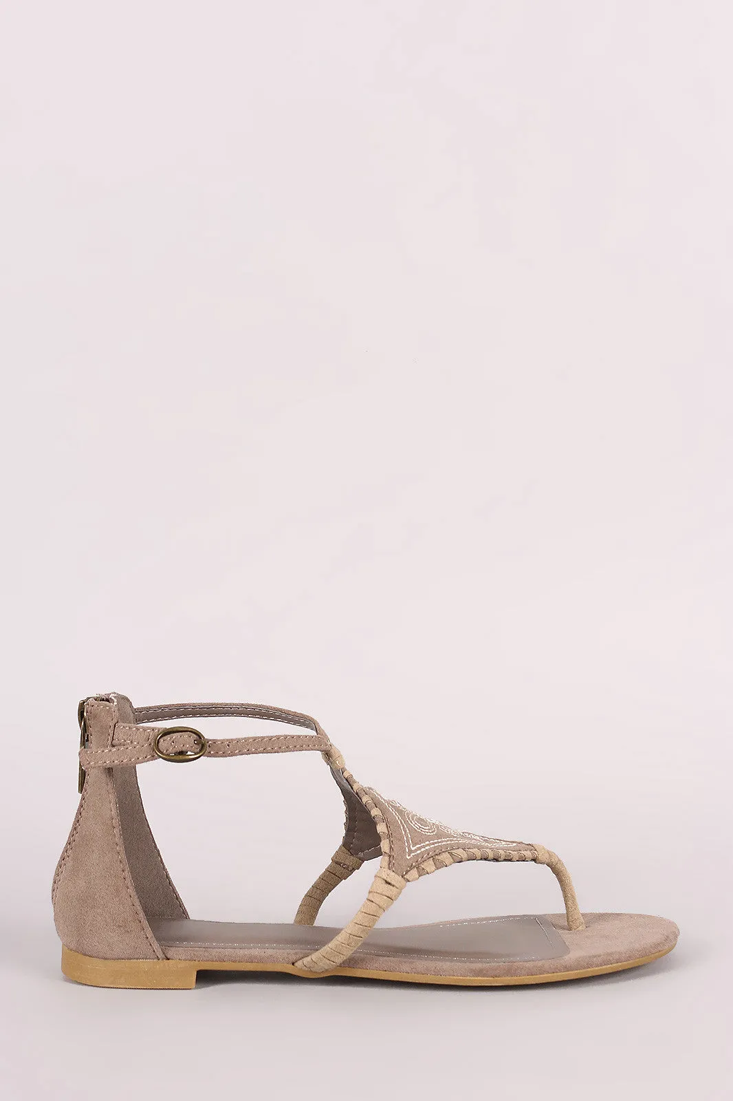 Bamboo Suede Embroidery And Whipstitch Thong Flat Sandal