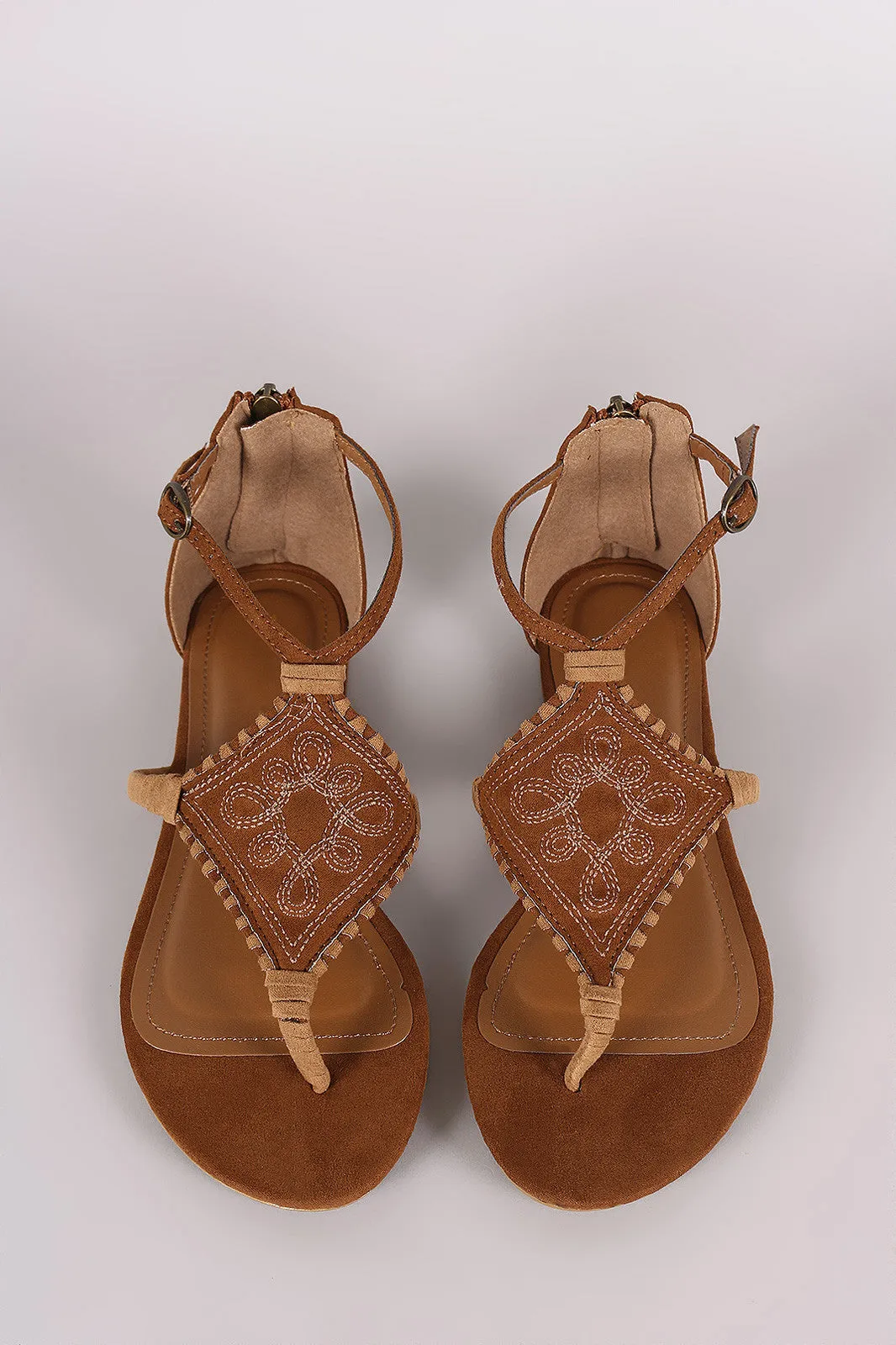 Bamboo Suede Embroidery And Whipstitch Thong Flat Sandal