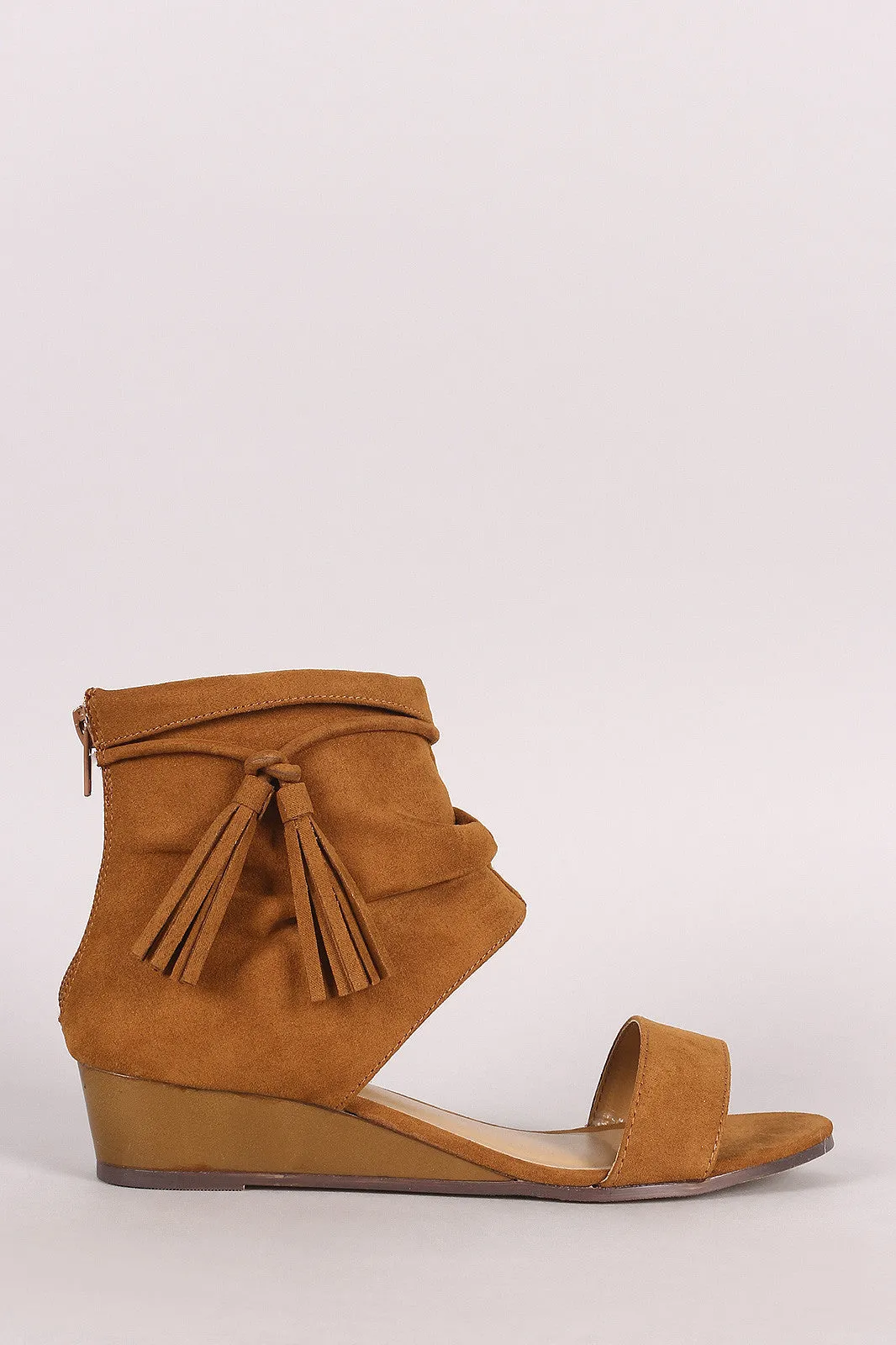 Bamboo Suede Tassel Ruched Ankle Cuff Wedge Sandal