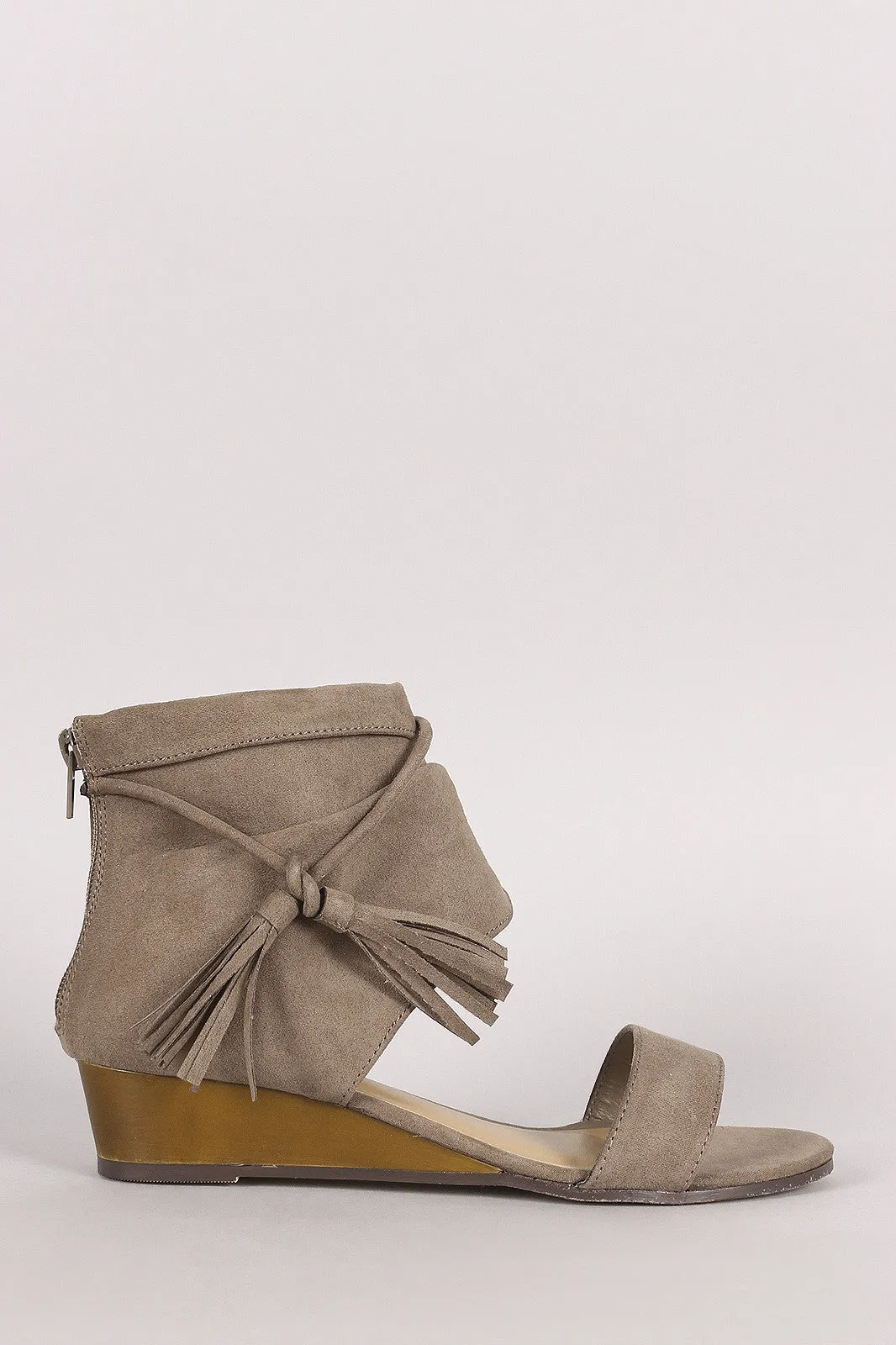 Bamboo Suede Tassel Ruched Ankle Cuff Wedge Sandal