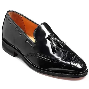 BARKER Clive Shoes - Mens Tassel Brogue Loafers - Black Hi-Shine