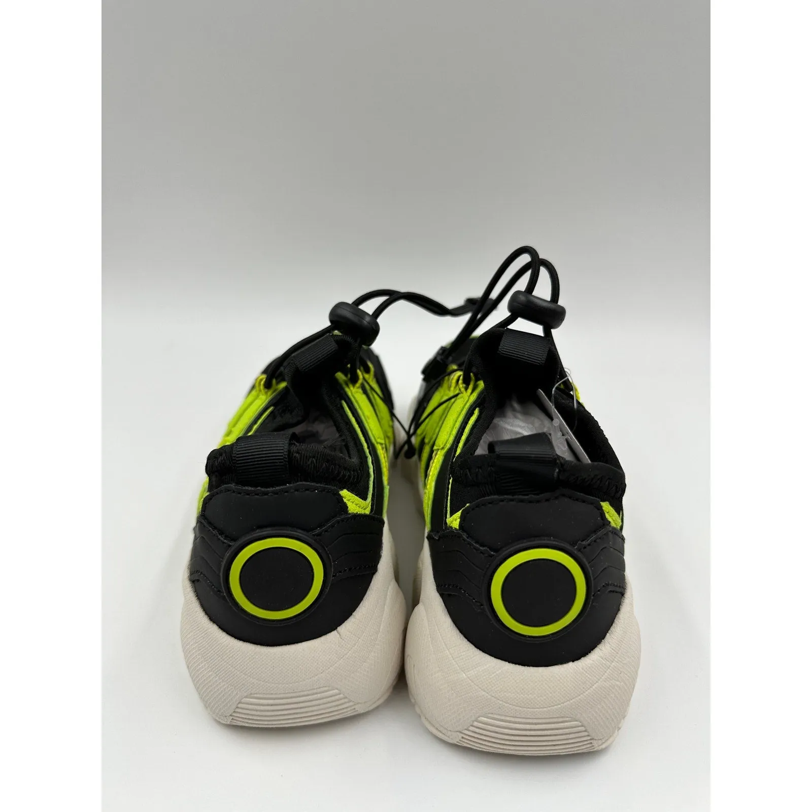 Big Kid/Y Size 1, Black Slip-on Sneakers w/ Elastic Cinch Laces & Neon Accents