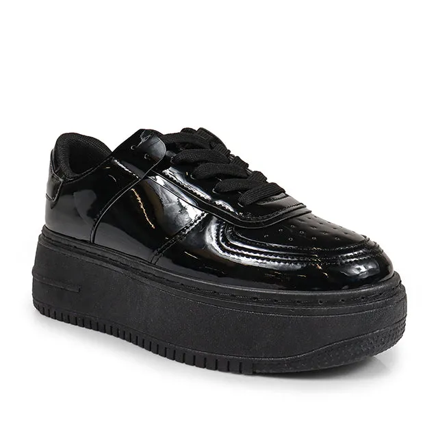 BILLIE-1 Black Patent Platform Sneaker - Low Top - Lace Up