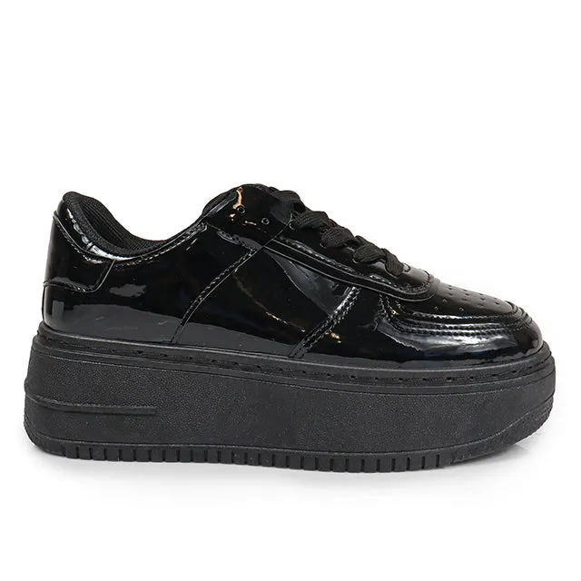 BILLIE-1 Black Patent Platform Sneaker - Low Top - Lace Up