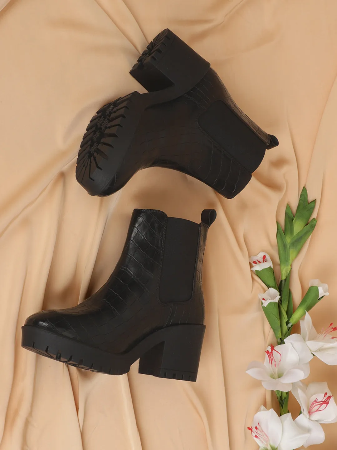 Black Croc PU Block Ankle Boots (TC-ST-1291-BLKCROC)