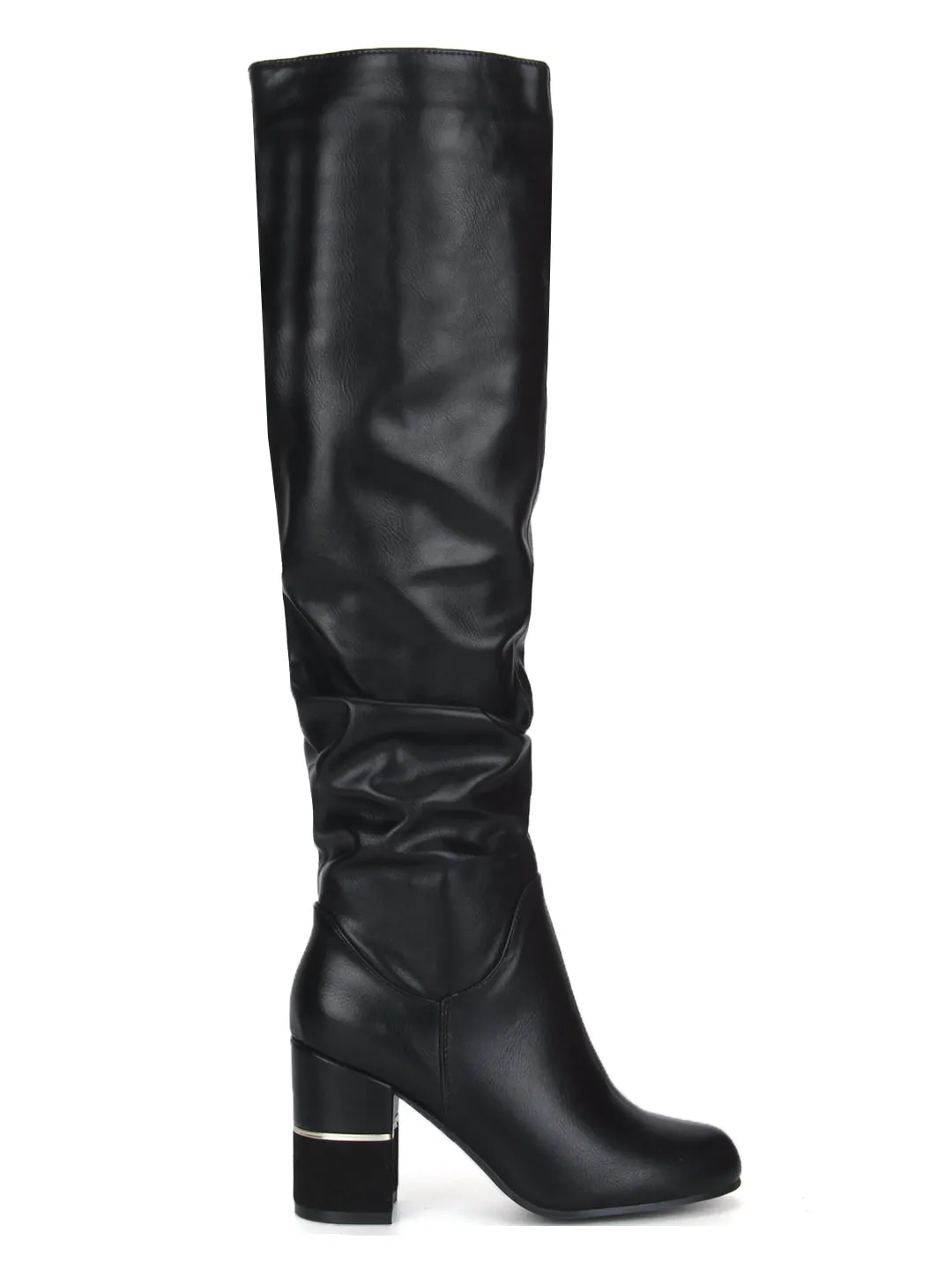 Black PU Slouched Block Heel Long Boots