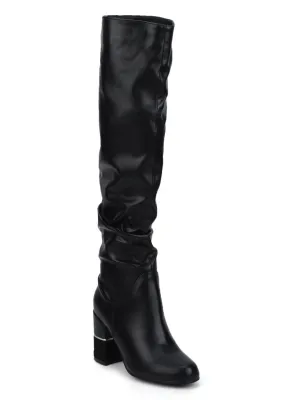 Black PU Slouched Block Heel Long Boots