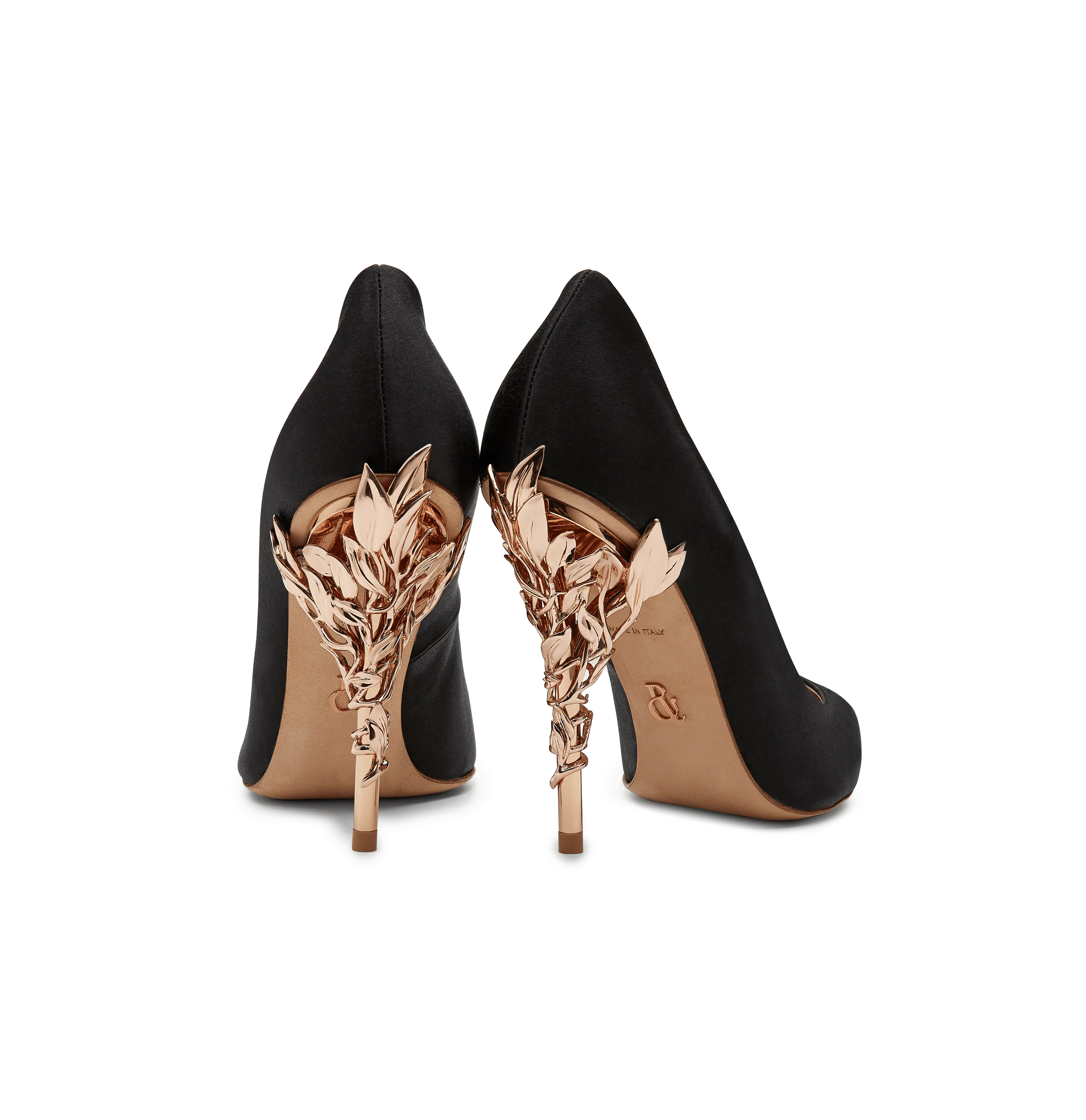 Black Satin Eden Heels with Rose Gold Leaves