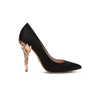 Black Satin Eden Heels with Rose Gold Leaves