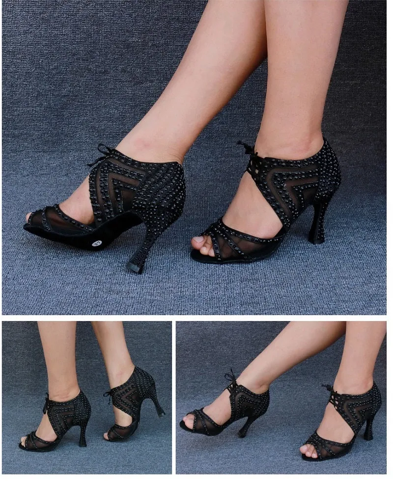 Black Shoes For Salsa Dance Rhinestone Pearls Dancing Shoes