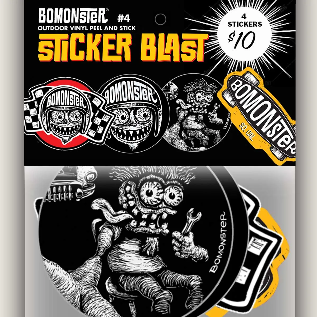 BOMONSTER Kustom Kulture Drag Racing Skate 4 Sticker Combo