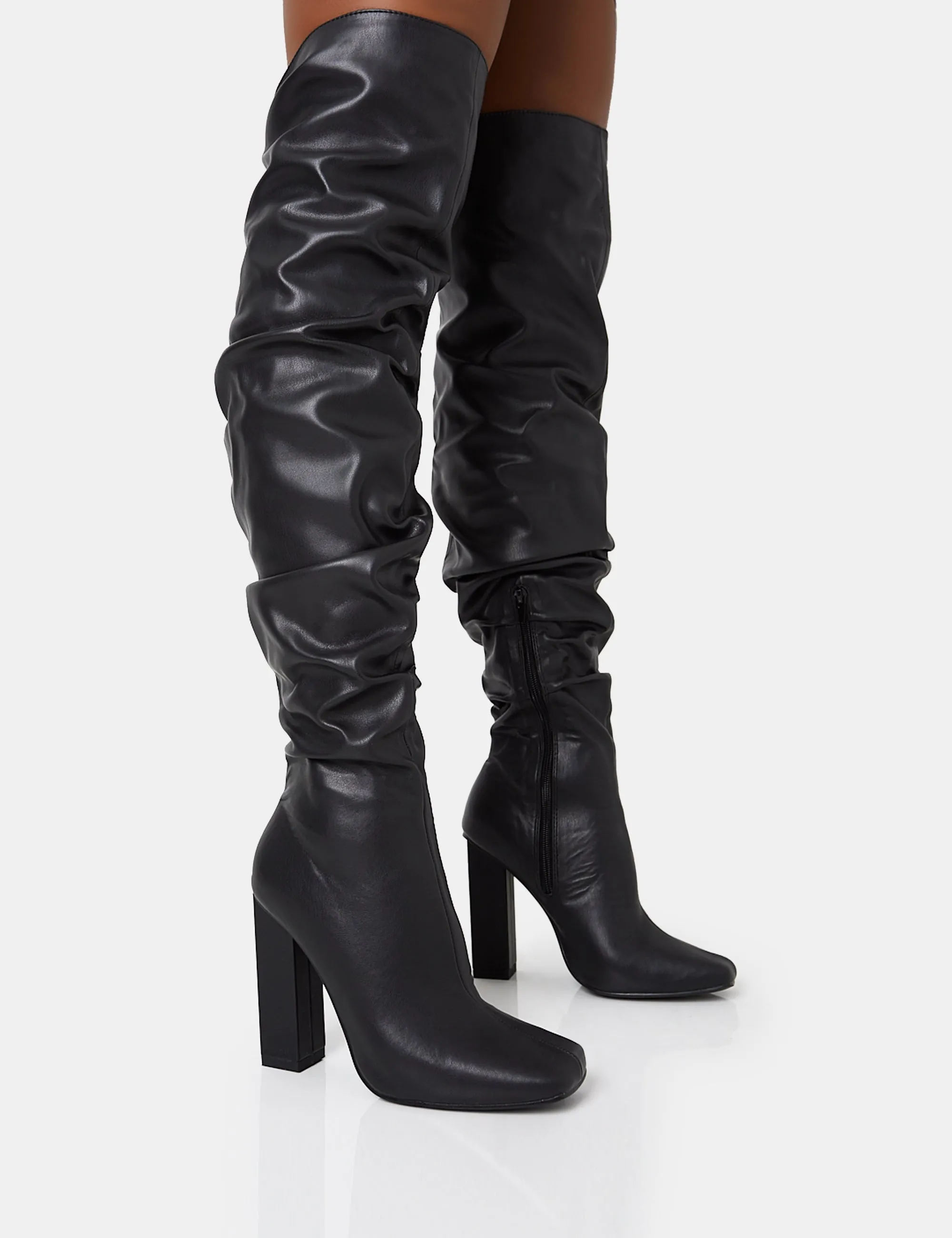 Cassia Black Square Toe Block Heel Over The Knee Boots