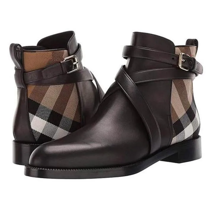 Designer Plaid Pattern Leather Boots with Buckle Straps