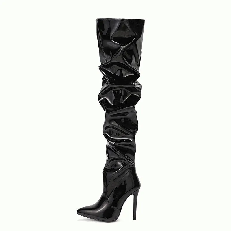 Elastic Patent Leather Pleated Over-knee Boots