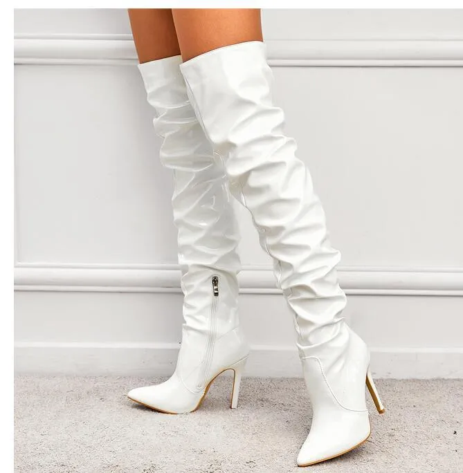 Elastic Patent Leather Pleated Over-knee Boots