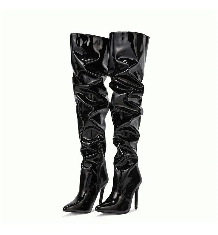 Elastic Patent Leather Pleated Over-knee Boots