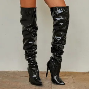 Elastic Patent Leather Pleated Over-knee Boots