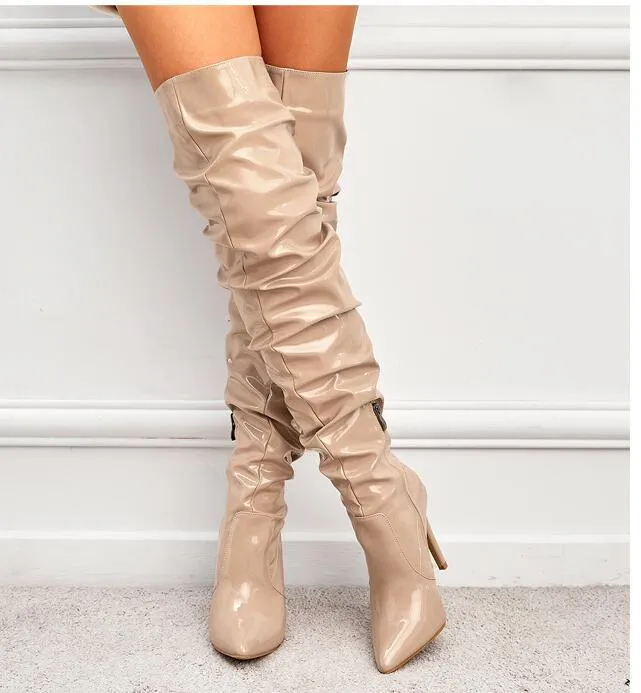 Elastic Patent Leather Pleated Over-knee Boots