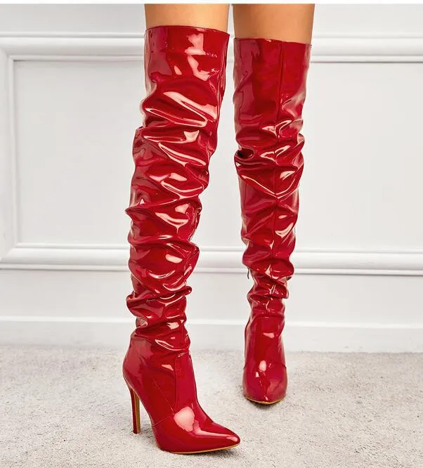 Elastic Patent Leather Pleated Over-knee Boots