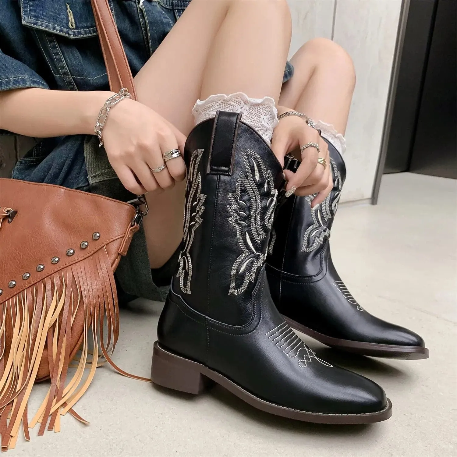 Embroidered Leather Cowgirl Boots - Genuine Leather, Stylish Design