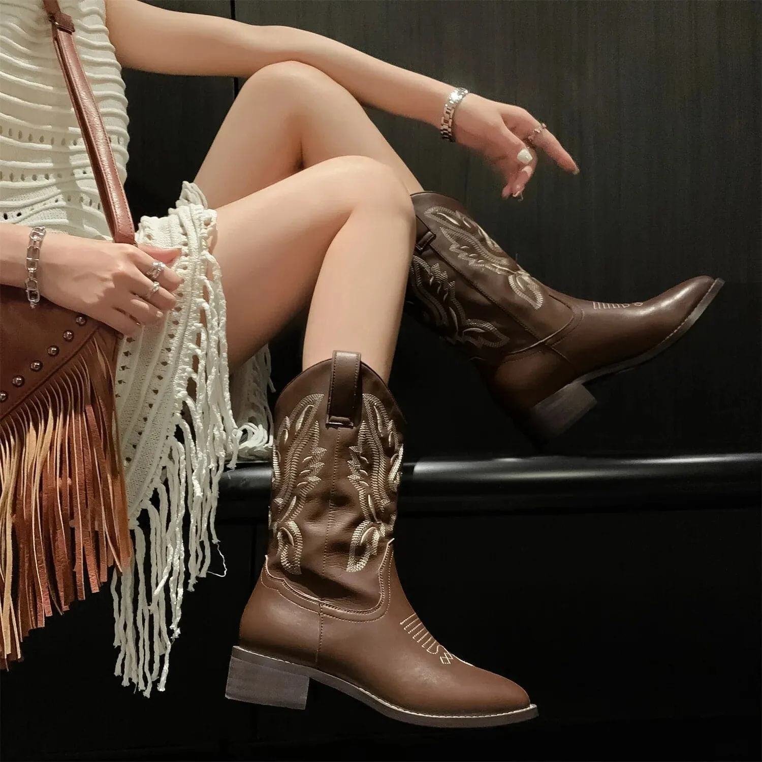 Embroidered Leather Cowgirl Boots - Genuine Leather, Stylish Design