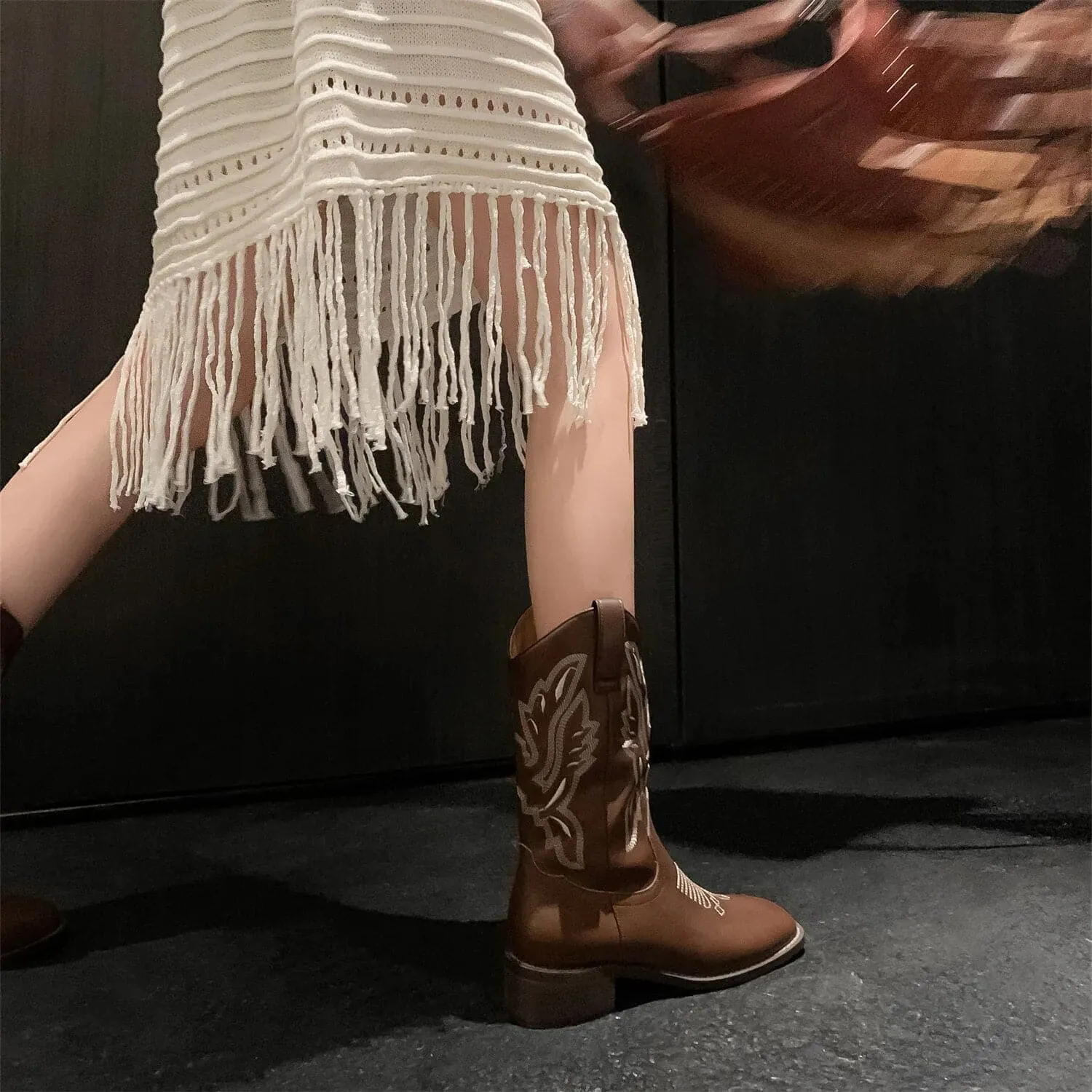 Embroidered Leather Cowgirl Boots - Genuine Leather, Stylish Design