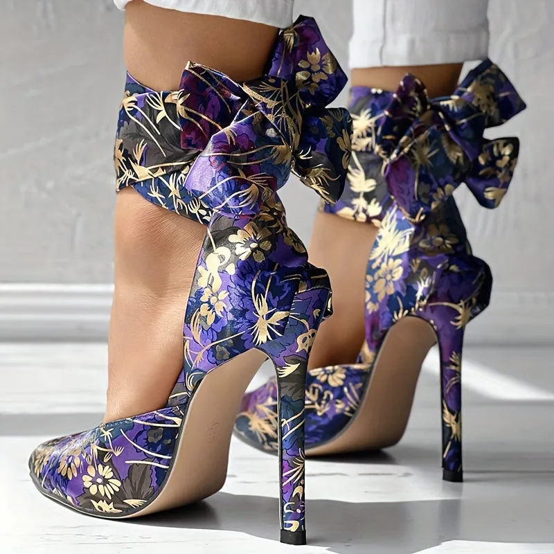 Floral Satin High Heels - Elegant Pointed Toe Lace Up Stilettos for Parties and Dressy Occasions